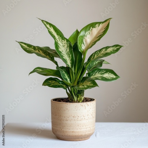 Cream-colored pot, variegated plant, indoor setting