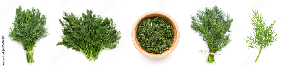 Fototapeta premium Set of fresh dill on white background, top view