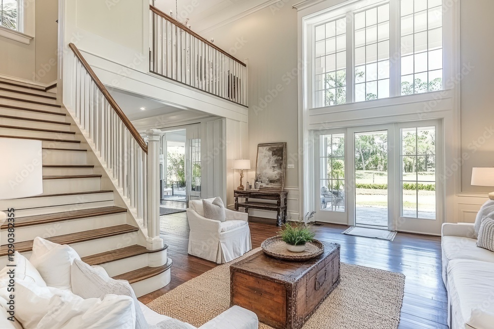 Naklejka premium Large Open-Plan Living Room with High Windows and Wooden Staircase
