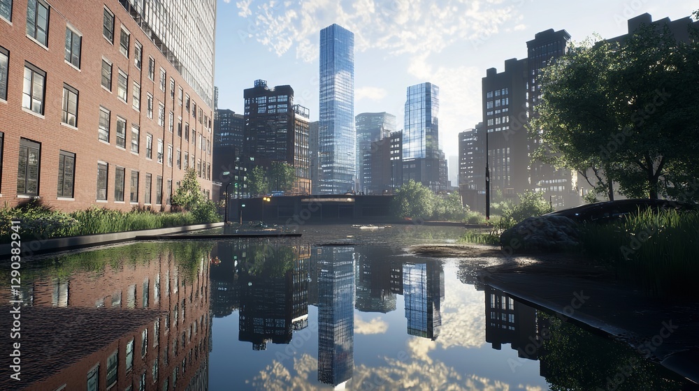 Obraz premium Urban Cityscape with Modern Skyscrapers and Historic Red Brick Building Reflected in Calm Water