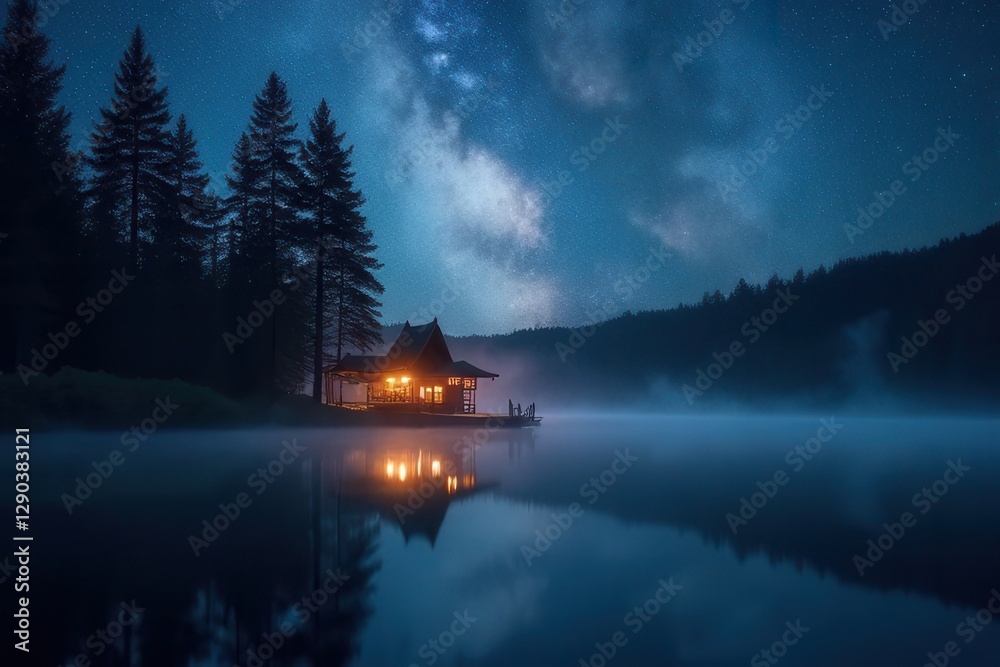 Fototapeta premium Serene Lakeside Cabin Under Starry Sky and Misty Night Atmosphere