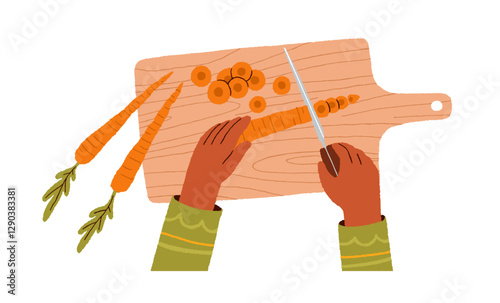 Cutting board, hands slicing carrot with kitchen knife, top view. Cooking, preparing healthy natural food, vegetable. Cook process from above. Flat vector illustration isolated on white background