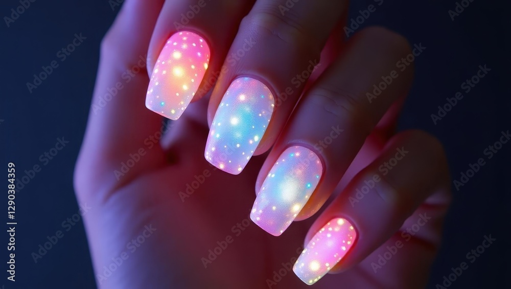 Aura nails. Close-up of vibrant multicolor LED light nail art glowing on female hand, perfect for party, festival, or night event, dark blurred background creating futuristic neon ambiance Aura nails. Close-up of vibrant multicolor LED light nail art glowing on female hand, perfect for party, festival, or night event, dark blurred background creating futuristic neon ambiance