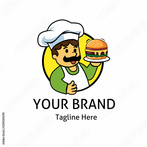 logo illustration of a chef bringing a burger