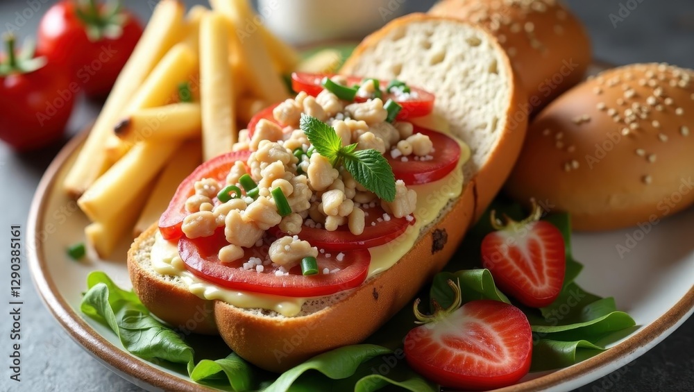 Glutenfree diet. Fresh deli sandwich with turkey, tomato, lettuce on sesame bun, served with strawberries and pasta, perfect for lunch, picnic, healthy meal, vibrant colorful close-up background food Glutenfree diet. Fresh deli sandwich with turkey, tomato, lettuce on sesame bun, served with strawberries and pasta, perfect for lunch, picnic, healthy meal, vibrant colorful close-up background food