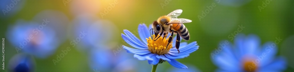 Close up of honeybee gathering pollen from vibrant blue flower in sunny garden, garden, macro Close up of honeybee gathering pollen from vibrant blue flower in sunny garden, garden, macro