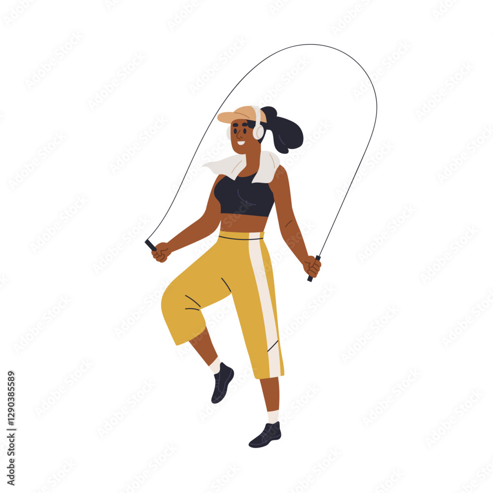 Obraz premium Black woman jumping with skipping rope. Happy girl during cardio workout, training. Active healthy female in headphones, doing sports exercise. Flat vector illustration isolated on white background