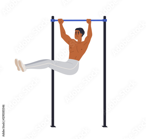 Man hanging on pull-up bar during leg raise exercise. Physical workout, sport training. Bodyweight activity for muscle power, core strength. Flat vector illustration isolated on white background