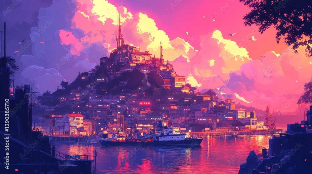 Fototapeta premium Vibrant Sunset Cityscape Illustration