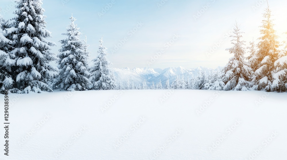 Snowy mountain landscape; winter sunrise, tranquil scene; idyllic postcard Snowy mountain landscape; winter sunrise, tranquil scene; idyllic postcard