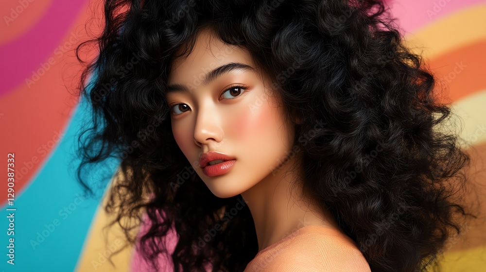 Asian Hair Model for Advertising Hair Care. Portrait of a woman with beautiful curly hair. Asian Hair Model for Advertising Hair Care. Portrait of a woman with beautiful curly hair.