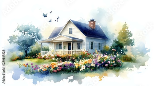 Fototapeta Naklejka Na Ścianę i Meble -  Watercolor Painting of a Country House with a Garden