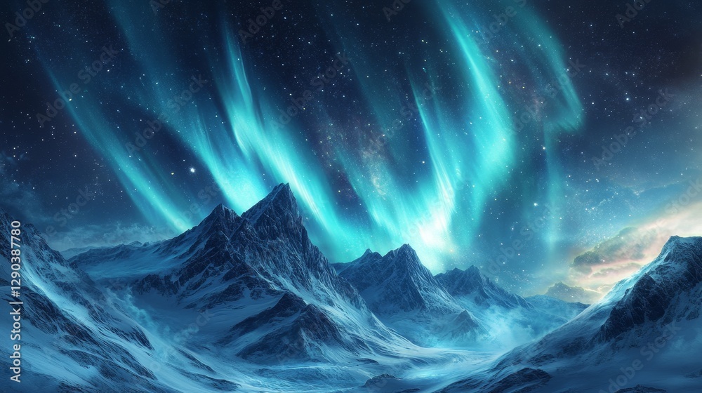 Fototapeta premium Breathtaking Canvas of Swirling Aurora Borealis Over Snowy Peaks