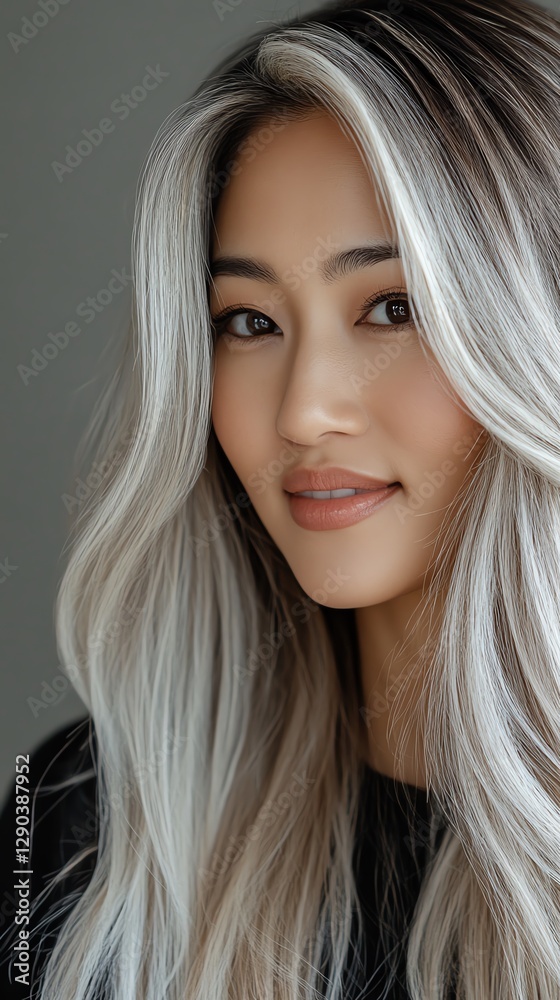 Naklejka premium Asian Hair Model for Advertising Hair Care. A portrait of a woman with long, wavy hair.