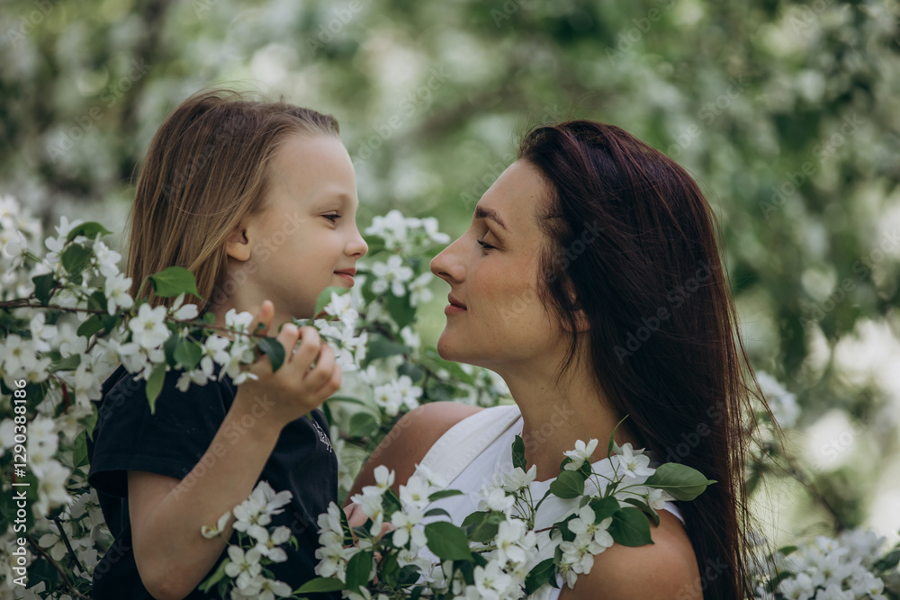 Naklejka premium Mother and daughter happy together against the background of blooming apple trees in the garden
