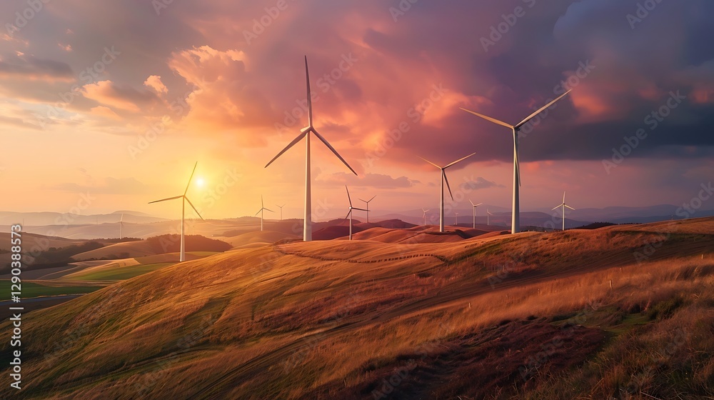 Obraz premium Serene Landscape with Wind Turbines Against Dramatic Sunset Sky in Mountainous Terrain