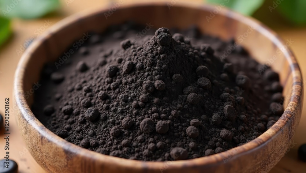 Shilajit powder. Bowl is full of black powder and some green leaves Shilajit powder. Bowl is full of black powder and some green leaves