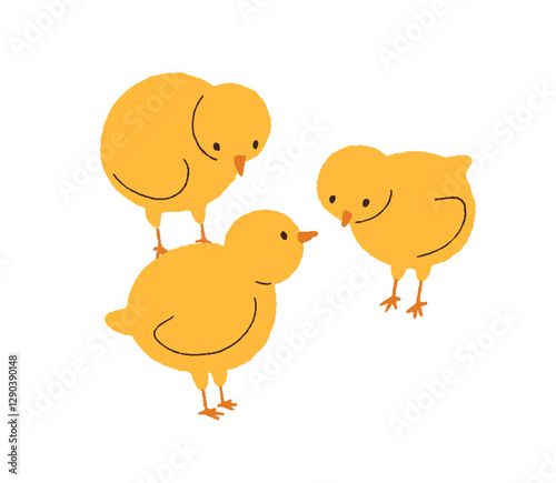 Cute baby chicks. Adorable little country birds. Farm chicken, poultry. Domestic rural brood. Countryside birdies. Kids childish flat graphic vector illustration isolated on white background