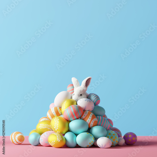 Happy Easter, bunny with pile of eggs. 3d rendering