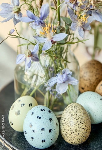 Easter Decoration with Painted Eggs and Flowers