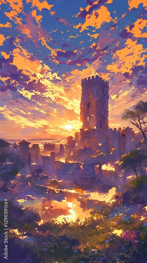 The golden glow of the ancient walls in anime style and the sunrise over the fortress reflected in the calm sea The golden glow of the ancient walls in anime style and the sunrise over the fortress reflected in the calm sea