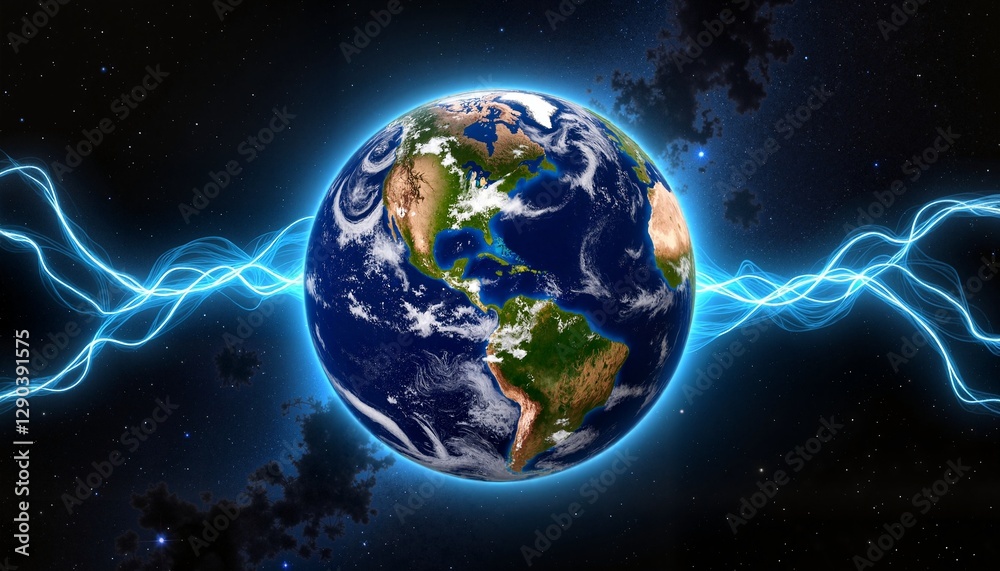 Obraz premium Digital Earth glowing with data flows in deep space, interconnectedness