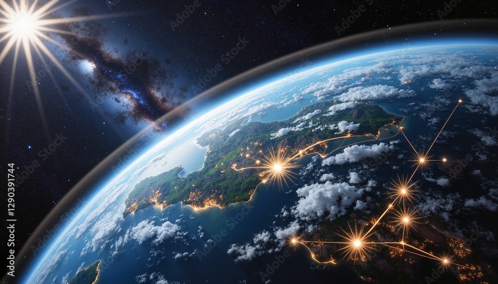 Obraz premium Futuristic global data exchange from Earth s orbit, interconnected networks