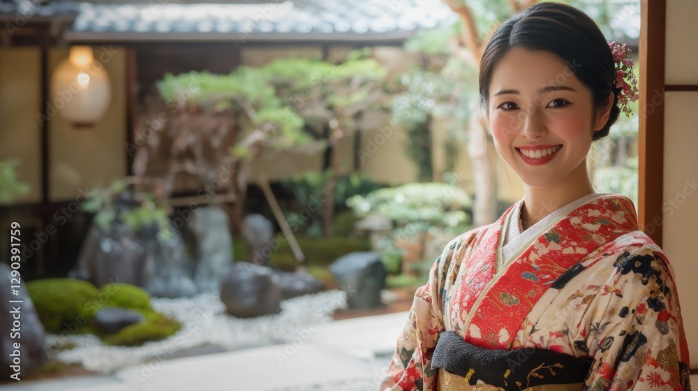 Warm Smile of a Female Innkeeper in Traditional Japanese Attire Warm Smile of a Female Innkeeper in Traditional Japanese Attire