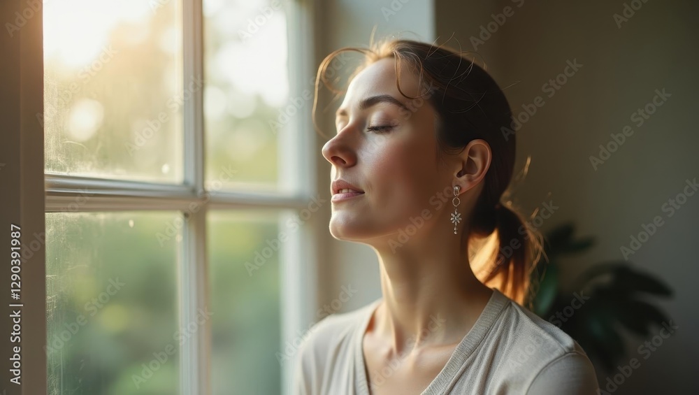 Breathwork. Woman is looking out window at sun Breathwork. Woman is looking out window at sun