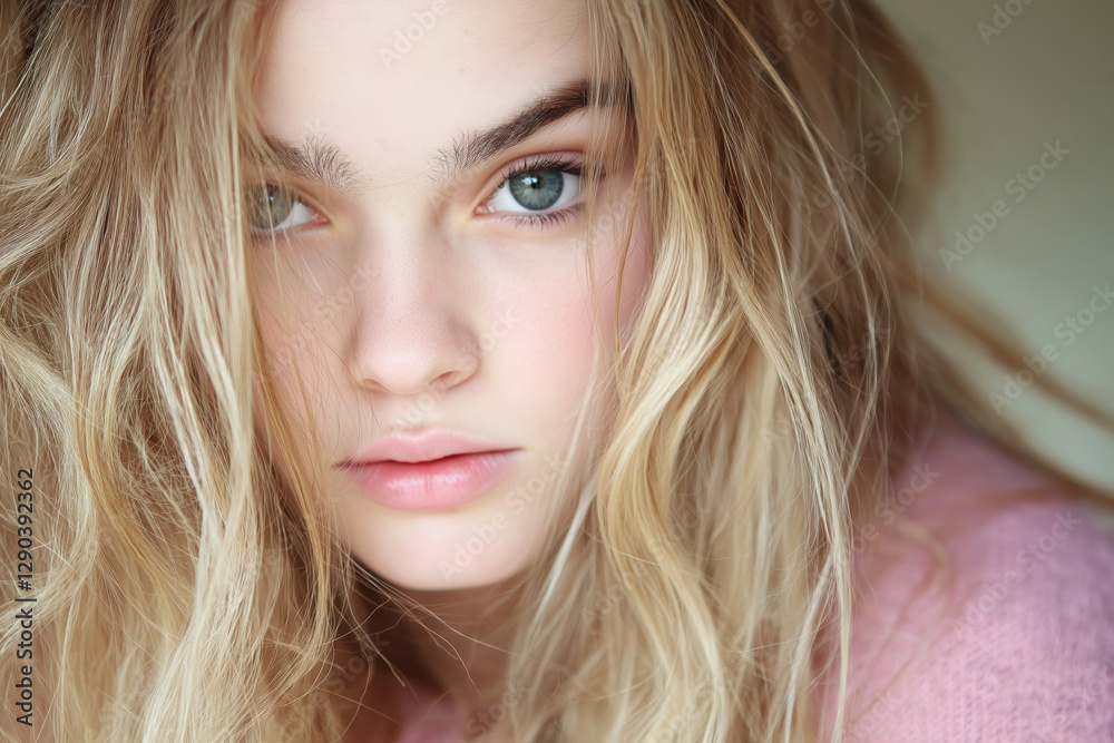 Close Up Portrait of a Young Woman with Natural Blonde Hair and Soft Expression Close Up Portrait of a Young Woman with Natural Blonde Hair and Soft Expression