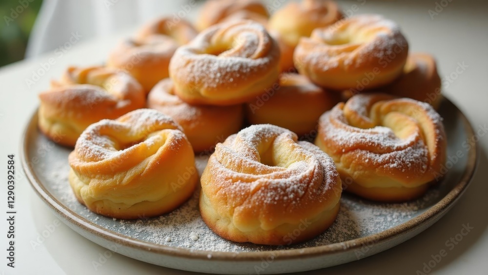 Glutenfree desserts. Plate is full of freshly made doughnuts on table Glutenfree desserts. Plate is full of freshly made doughnuts on table