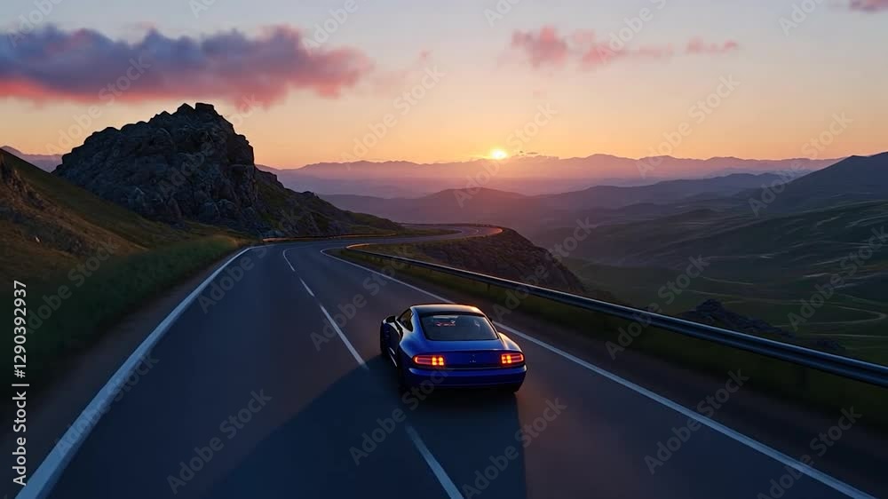 Blue car drives scenic mountain road sunset