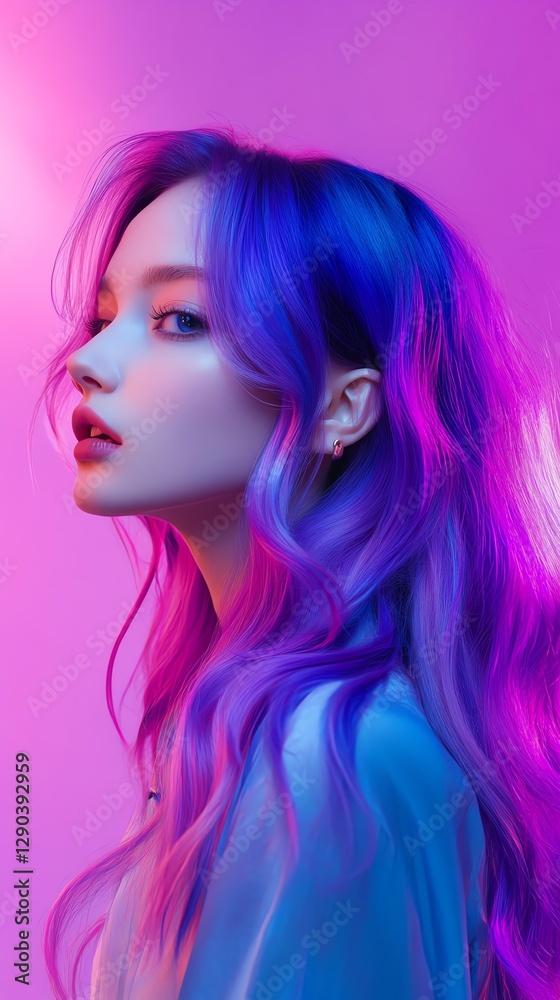 Naklejka premium Asian Hair Model for Advertising Hair Care. Portrait of a woman with vibrant hair colors.