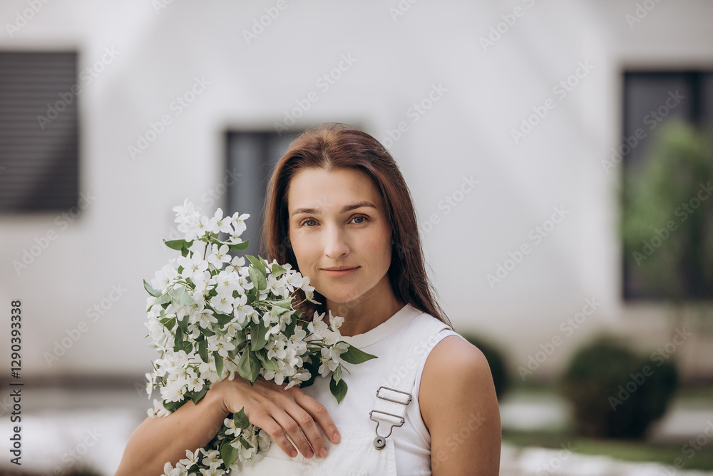 An adult young beautiful female model walks around the city with a bouquet of blooming apple trees An adult young beautiful female model walks around the city with a bouquet of blooming apple trees