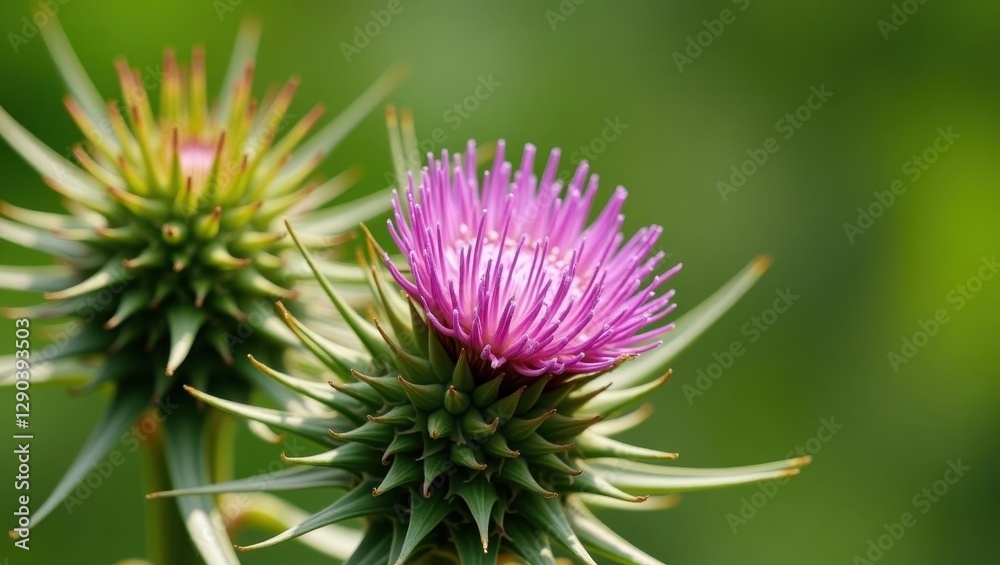 Milk Thistle. Thistle flower is blooming in green field Milk Thistle. Thistle flower is blooming in green field