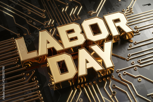 Futuristic Labor Day 3D Golden Text and Black Circuit Background with Golden Accents