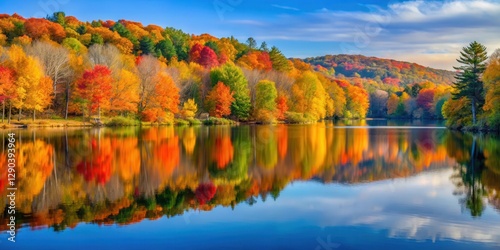 A serene lake with vibrant fall foliage surrounding it, reflecting the warm colors of the changing leaves in Vernon and Ellington CT , nature, lakes