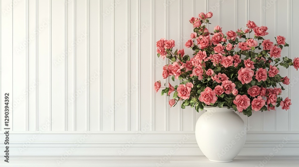 Fototapeta premium Elegant Pink Roses in a White Vase on a White Wall