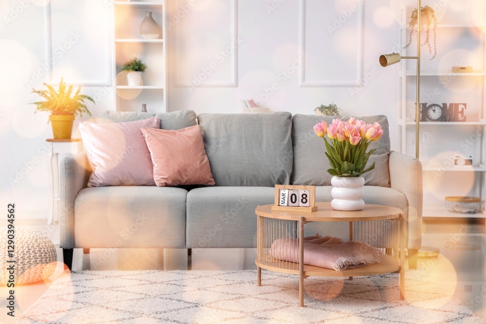 Obraz premium Calendar with date of International Women's Day and tulips on table in living room