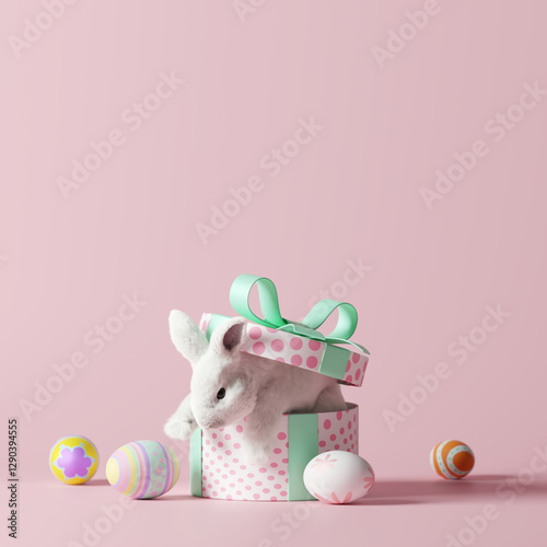 Happy Easter day, Bunny in a gift box. 3d rendering	