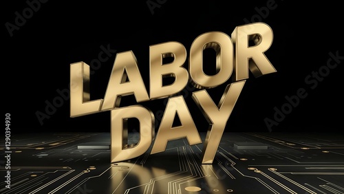 Futuristic Labor Day 3D Text with Gold and Black Circuit Background