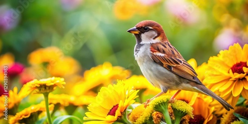 A tiny sparrow rests on a bright yellow flower in a beautiful garden setting surrounded by lush greenery and colorful blooms , flowers, photography