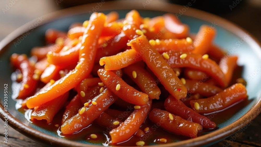 Chili crisp. Plate is full of carrots and other vegetables with sauce Chili crisp. Plate is full of carrots and other vegetables with sauce