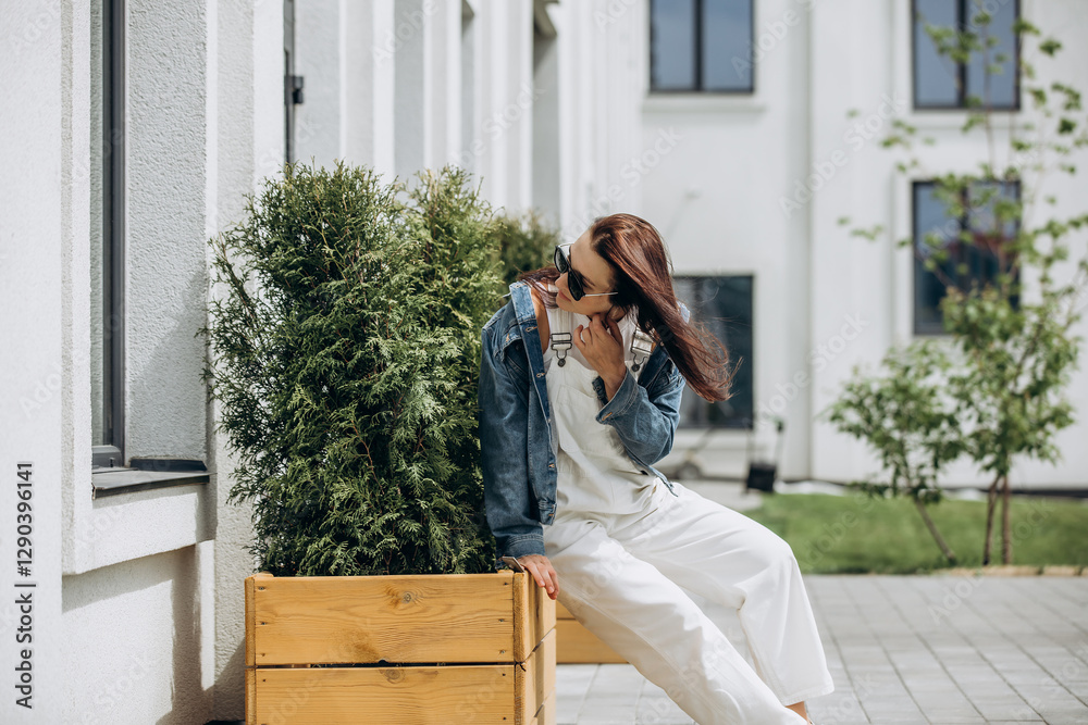 Fototapeta premium An adult young beautiful female model in a jacket, overalls and sunglasses walks around the city