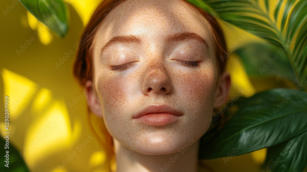 Serene Woman with Freckles Surrounded by Green Leaves on Yellow Background Serene Woman with Freckles Surrounded by Green Leaves on Yellow Background