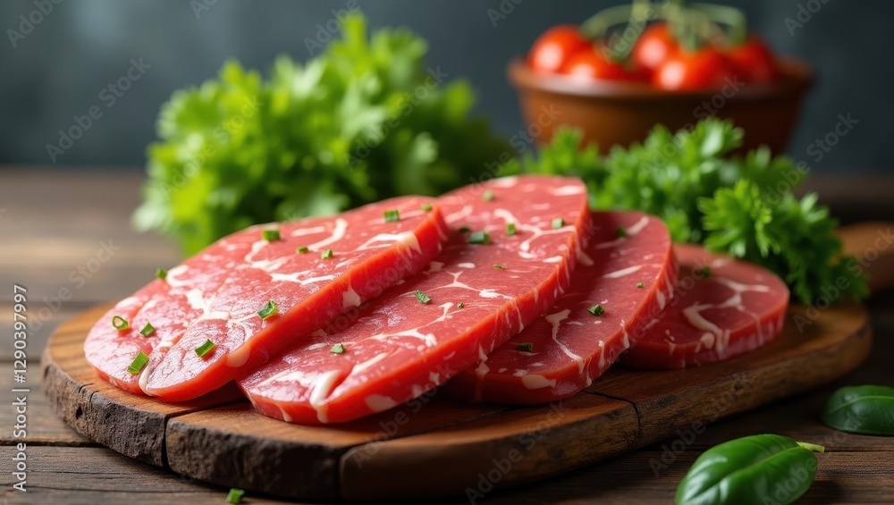 Plantbased meat. Meat is sliced and ready to be served on cutting board Plantbased meat. Meat is sliced and ready to be served on cutting board