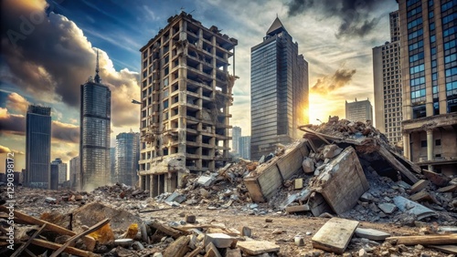 Ruined cityscape with crumbling skyscraper and toppled facade