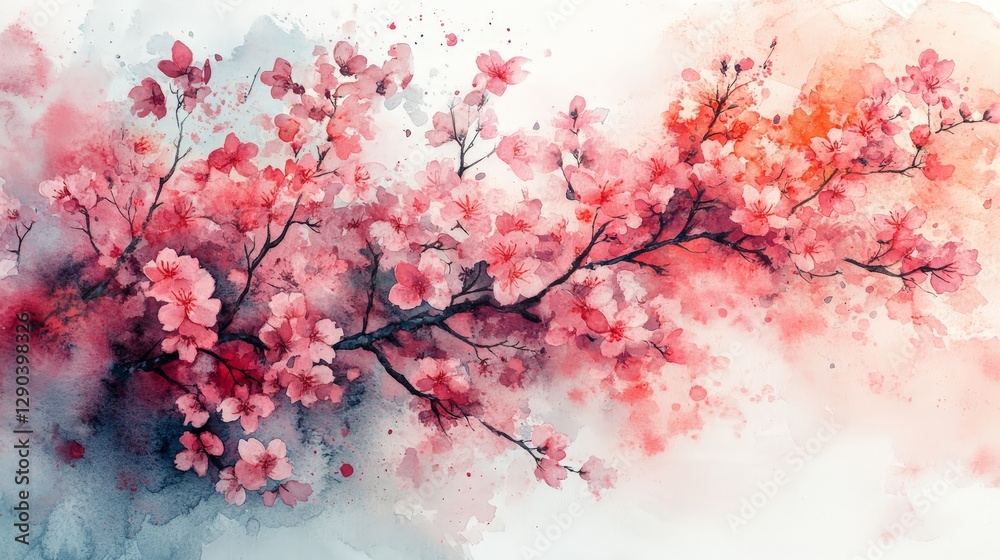 A watercolor depiction of pink cherry blossoms on a branch, evoking tranquility and beauty. A watercolor depiction of pink cherry blossoms on a branch, evoking tranquility and beauty.