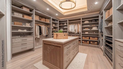 A luxury walk-in closet with custom shelving, soft lighting, and a central island for accessories, embodying modern organization and elegance 