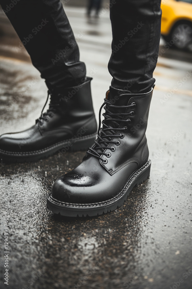Man in black leather boots stands on wet pavement after rain Man in black leather boots stands on wet pavement after rain